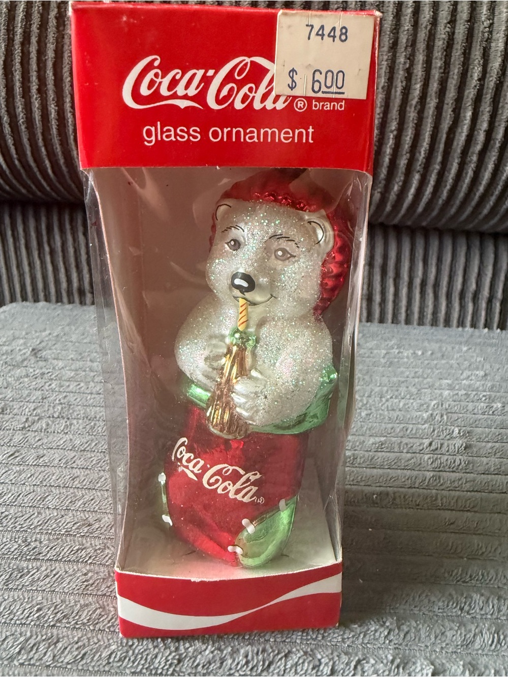 VTG Coca-Cola Red & White Branded Glass Bear Stocking Christmas Ornament Box